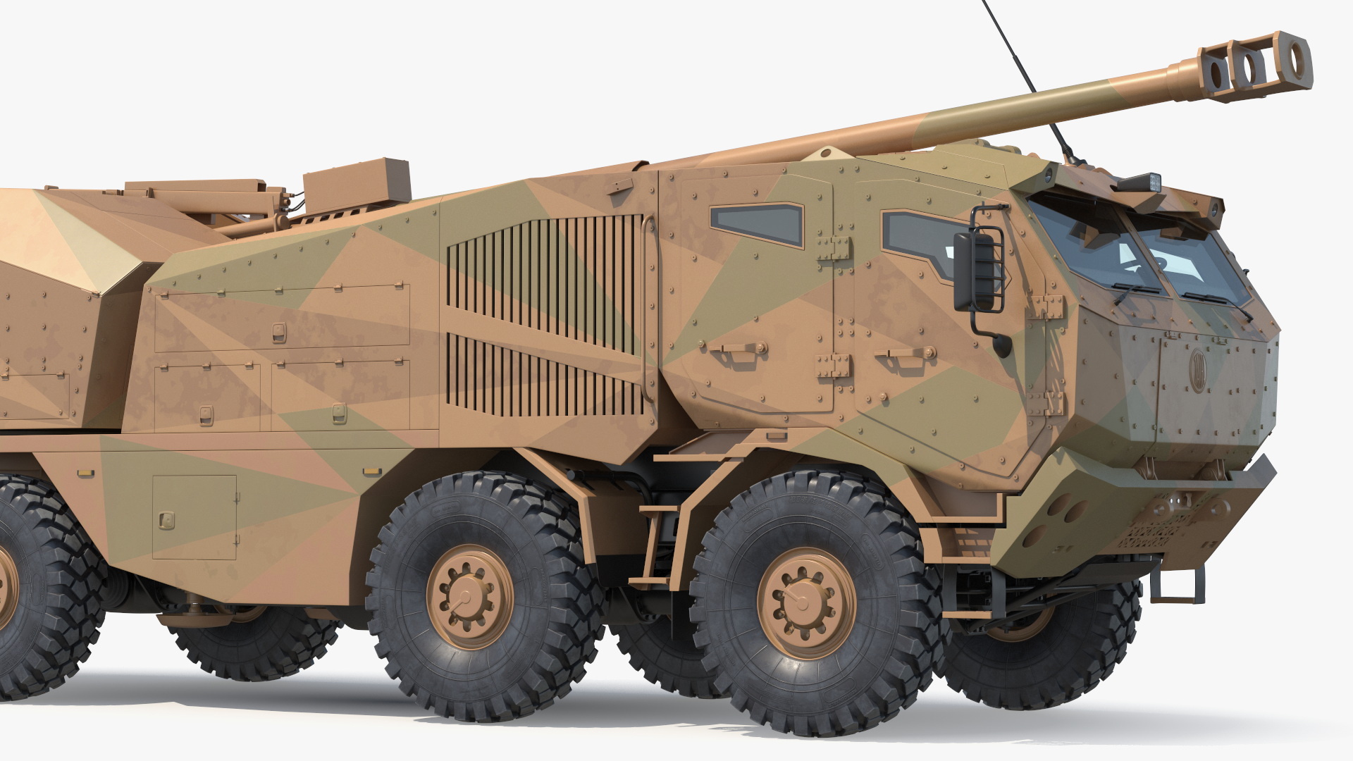 3D Wheeled Armored Howitzer in Desert Camouflage Rigged for Maya