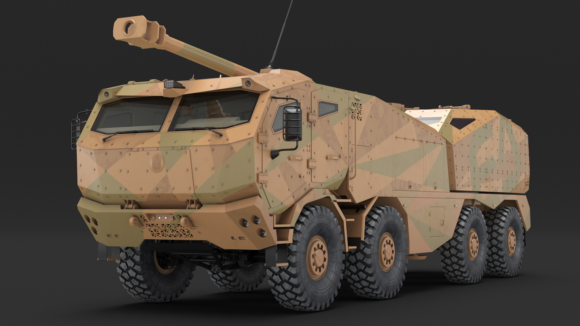 3D Wheeled Armored Howitzer in Desert Camouflage Rigged for Maya