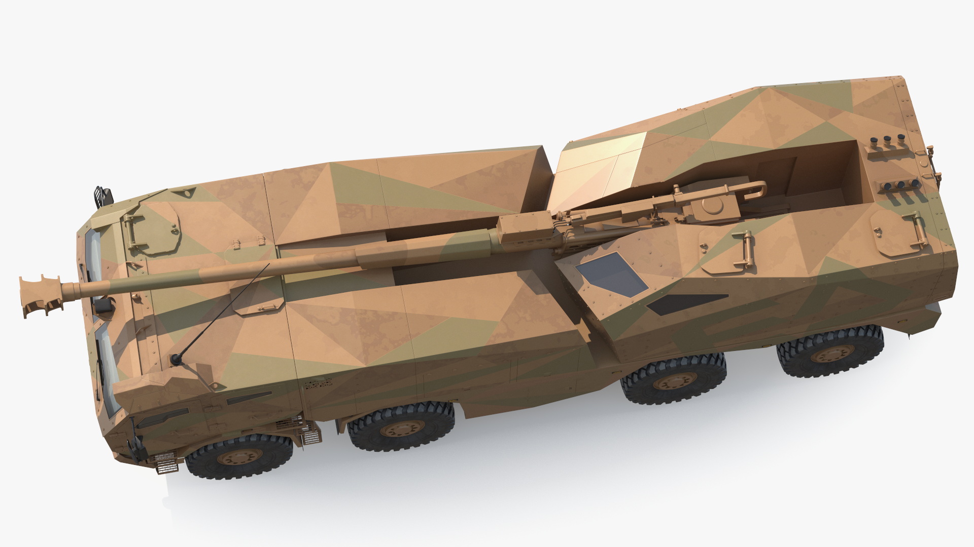 3D Wheeled Armored Howitzer in Desert Camouflage Rigged for Maya