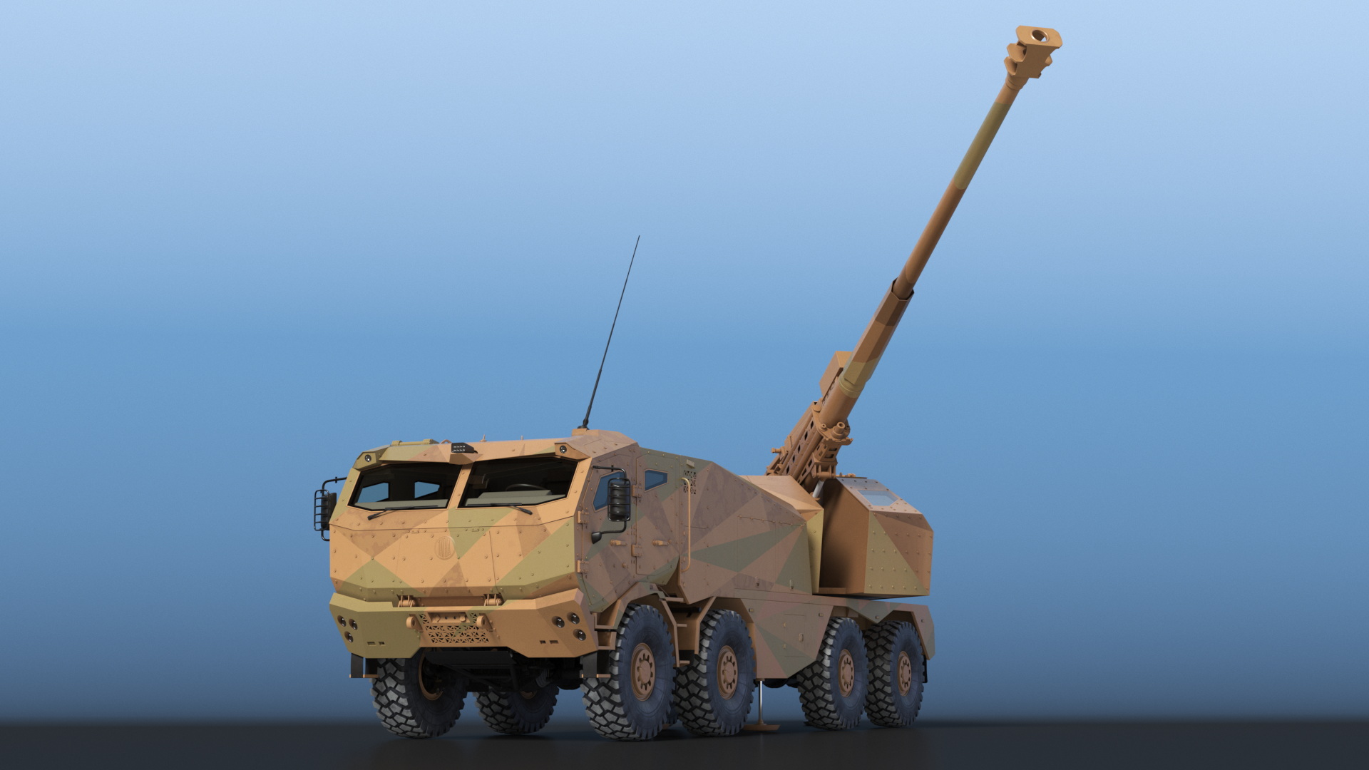 3D Wheeled Armored Howitzer in Desert Camouflage Rigged for Maya