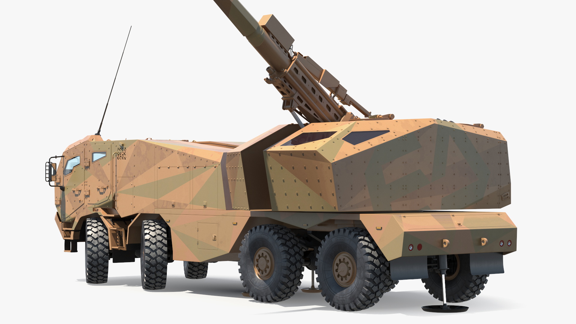 3D Wheeled Armored Howitzer in Desert Camouflage Rigged for Maya