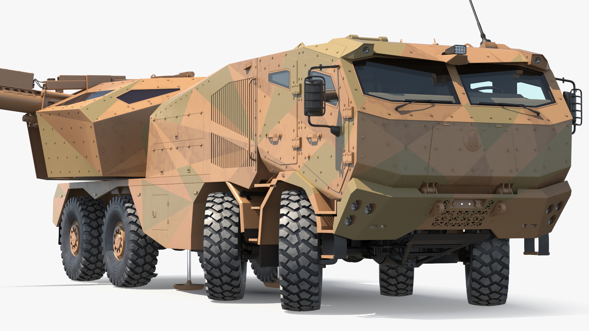 3D Wheeled Armored Howitzer in Desert Camouflage Rigged for Maya