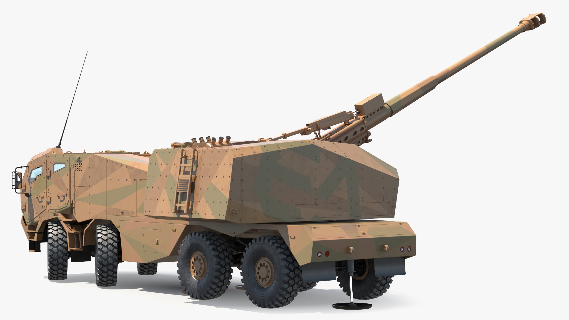 3D Wheeled Armored Howitzer in Desert Camouflage Rigged for Maya