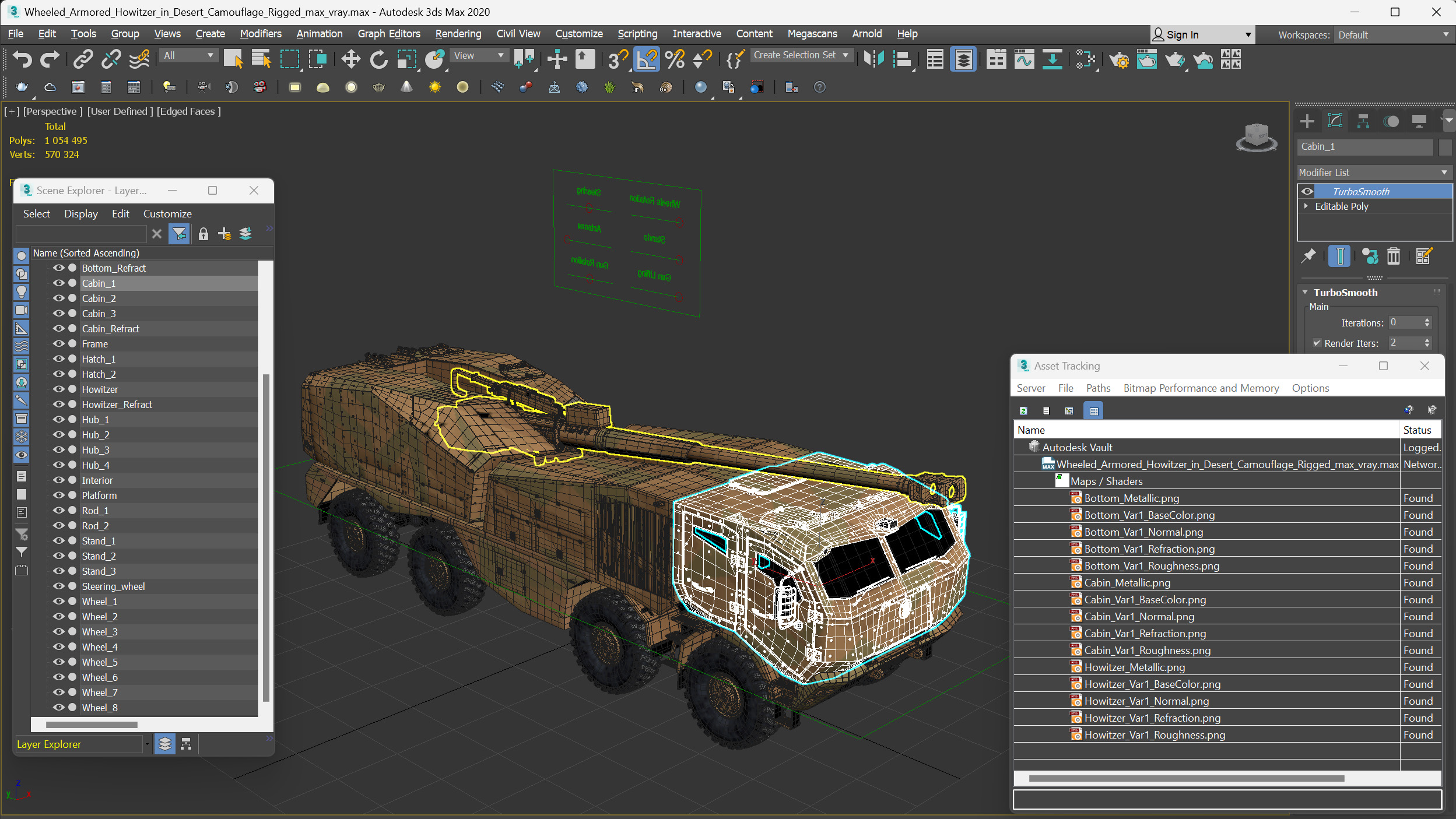 3D Wheeled Armored Howitzer in Desert Camouflage Rigged for Maya