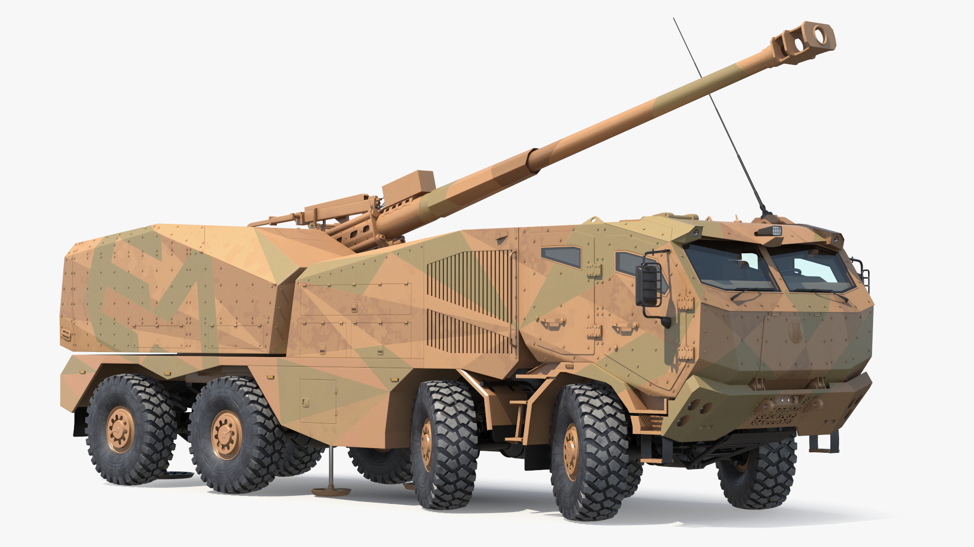 3D Wheeled Armored Howitzer in Desert Camouflage Rigged for Maya