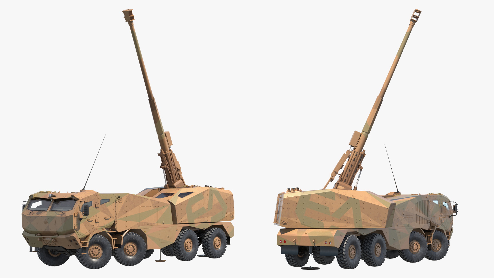 3D Wheeled Armored Howitzer in Desert Camouflage Rigged for Maya