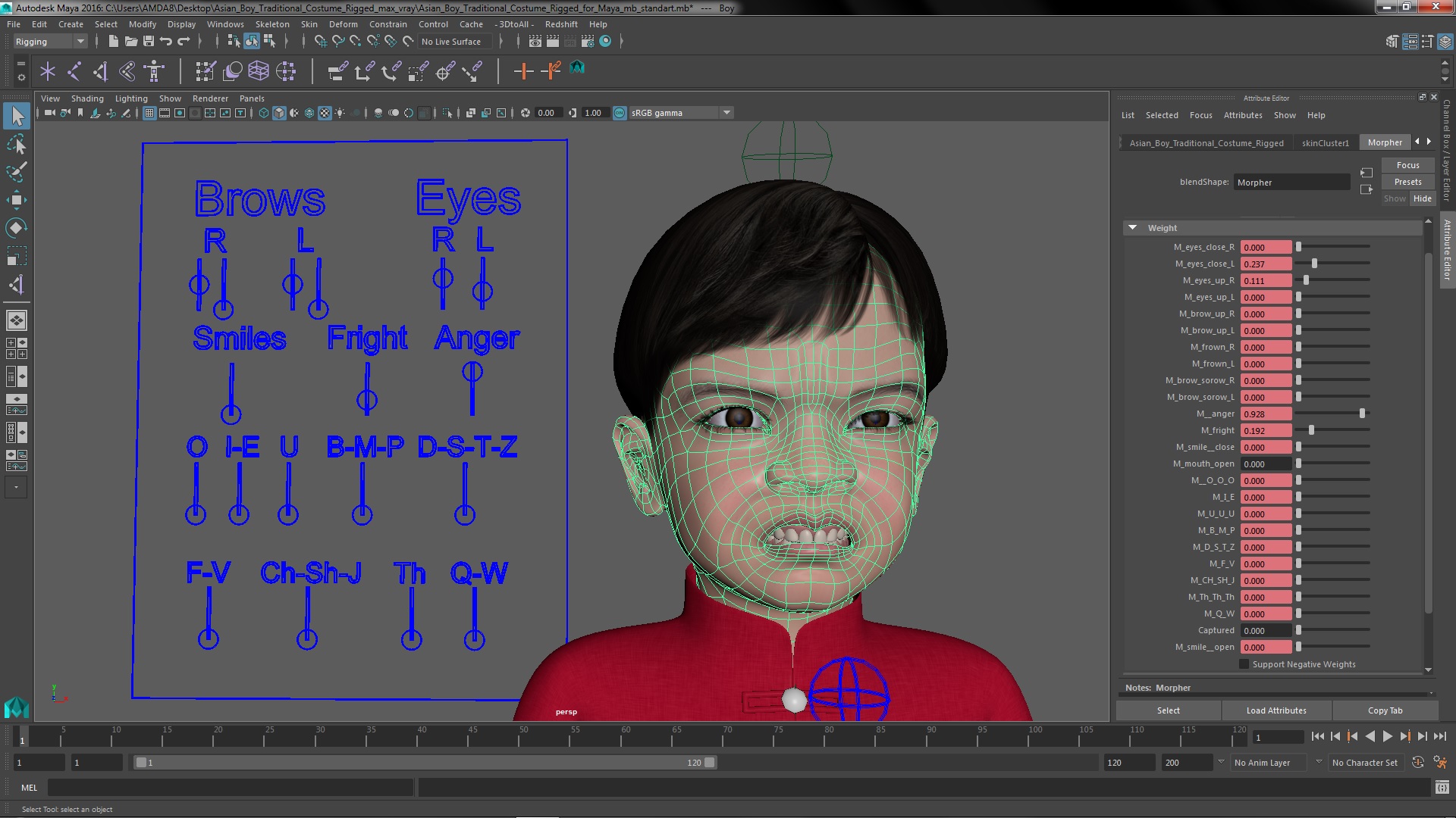 3D model Asian Boy Traditional Costume Rigged for Maya