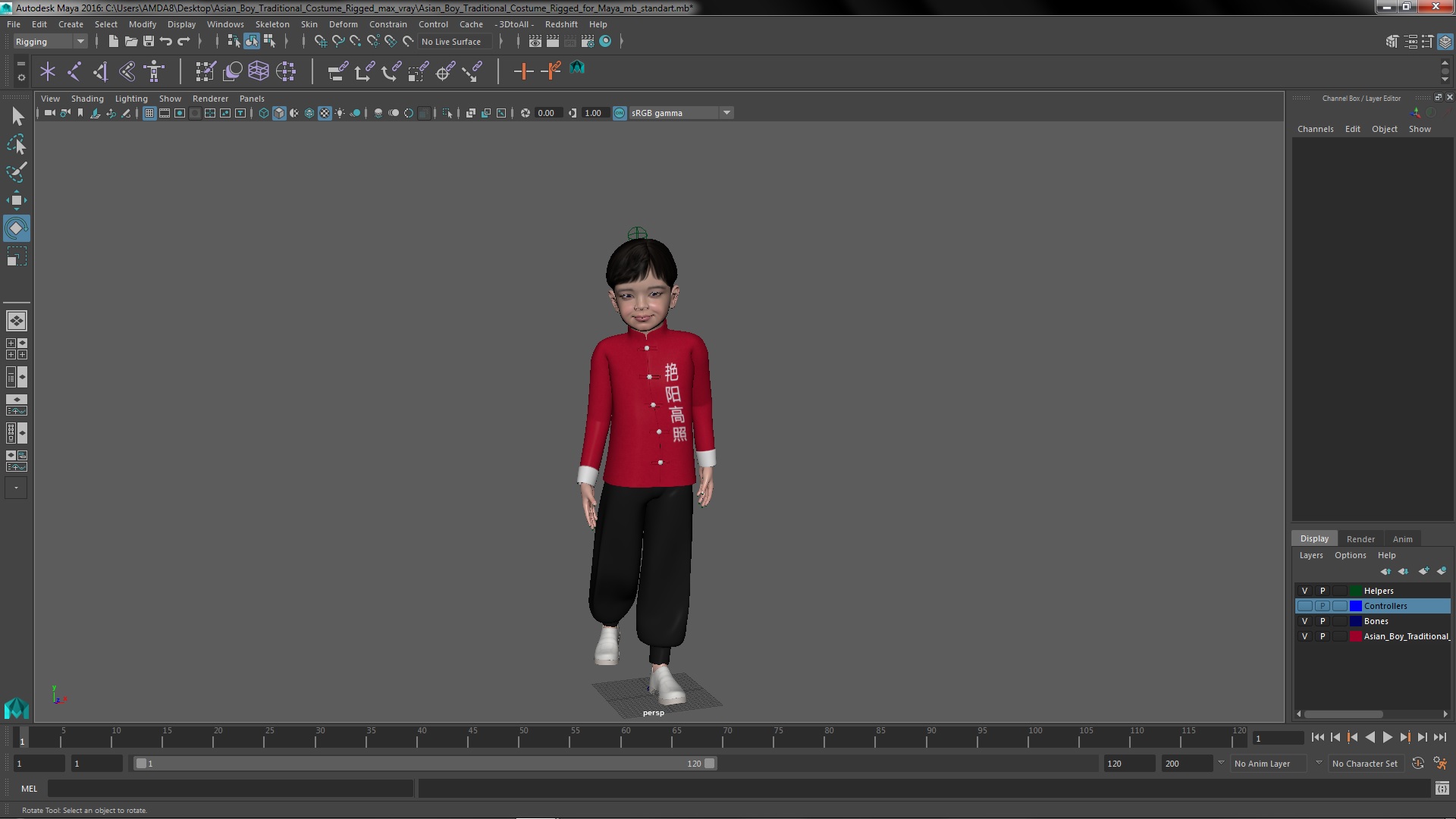 3D model Asian Boy Traditional Costume Rigged for Maya