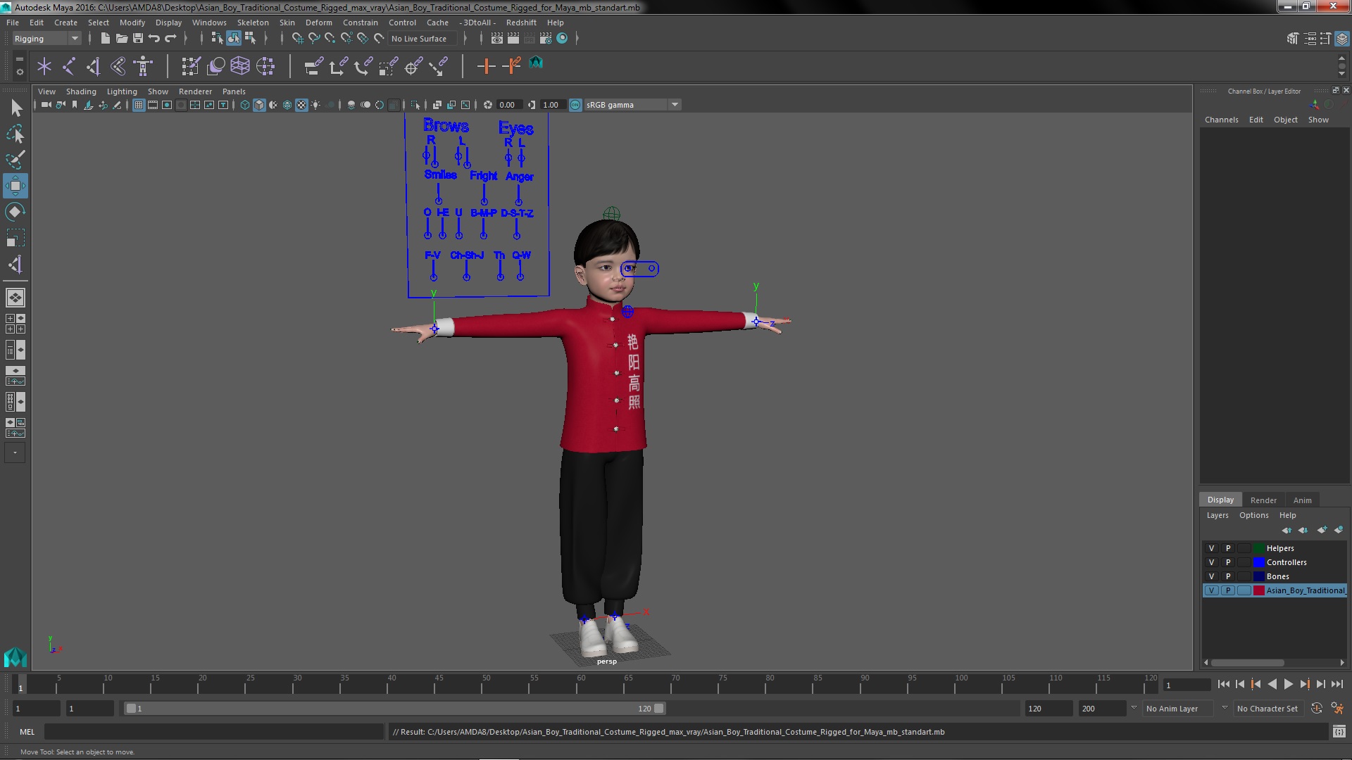 3D model Asian Boy Traditional Costume Rigged for Maya