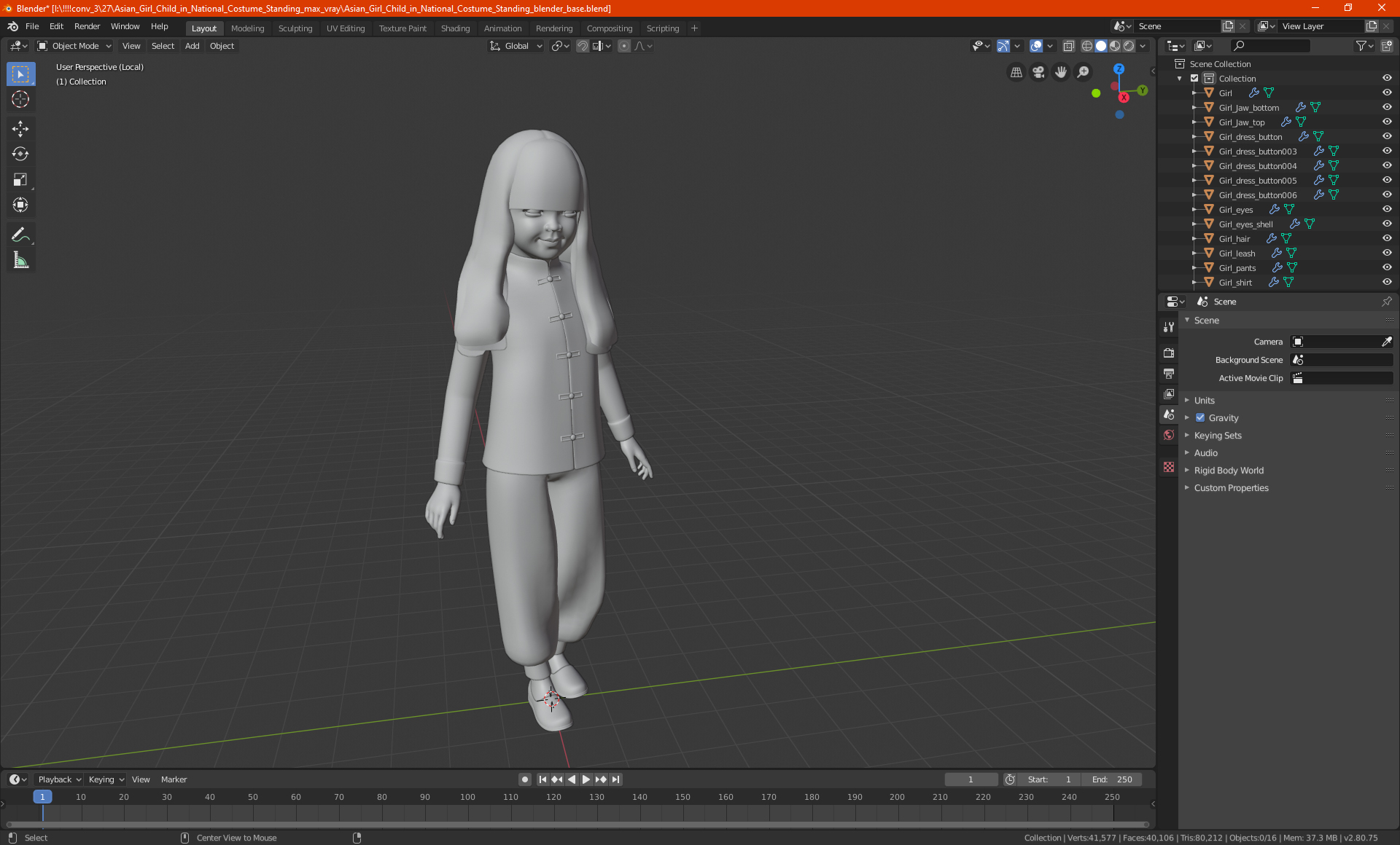 3D model Asian Girl Child in National Costume Standing