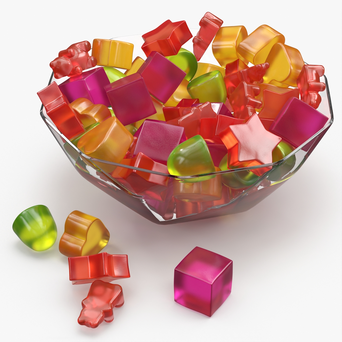 Fruit Flavor Gumdrops with Glass Bowl Set Multicolor 3D model preview