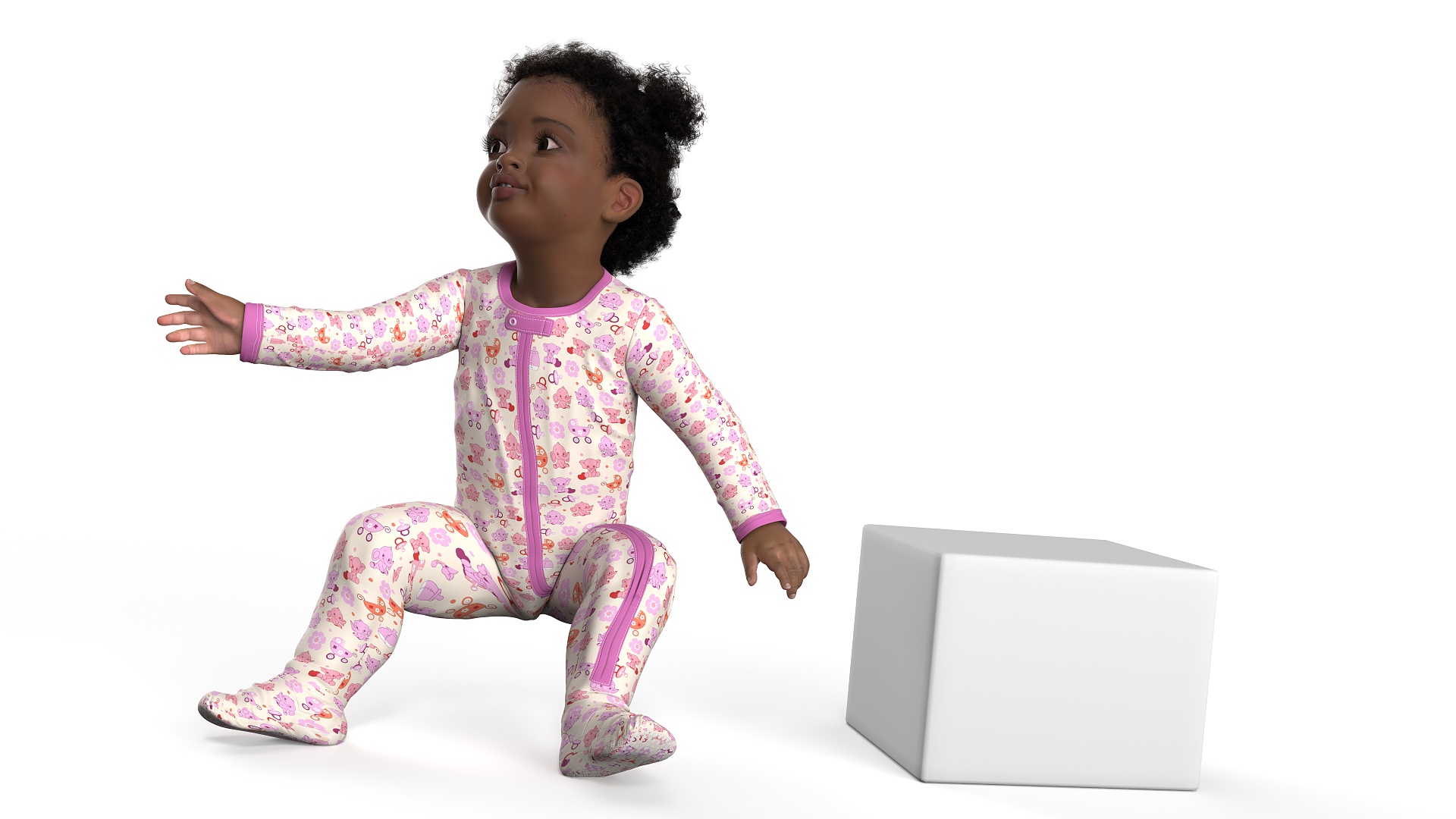 African Baby Girl Light Skin in Full Bodysuit Sitting Fur 3D