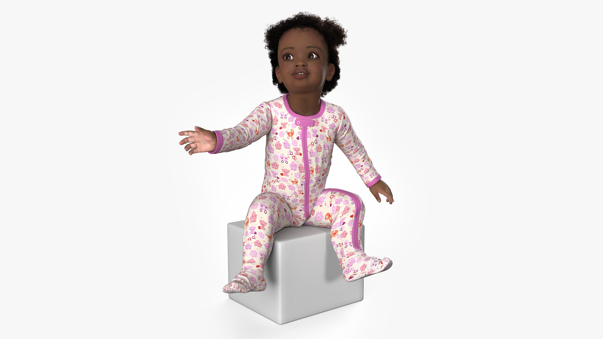 African Baby Girl Light Skin in Full Bodysuit Sitting Fur 3D