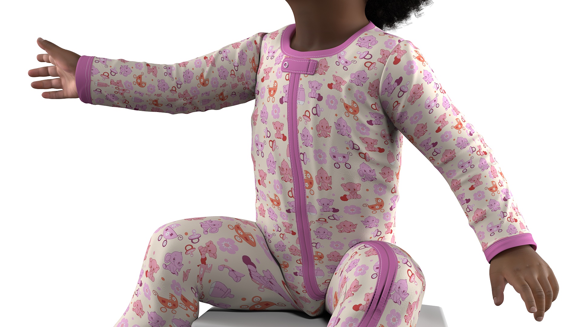African Baby Girl Light Skin in Full Bodysuit Sitting Fur 3D