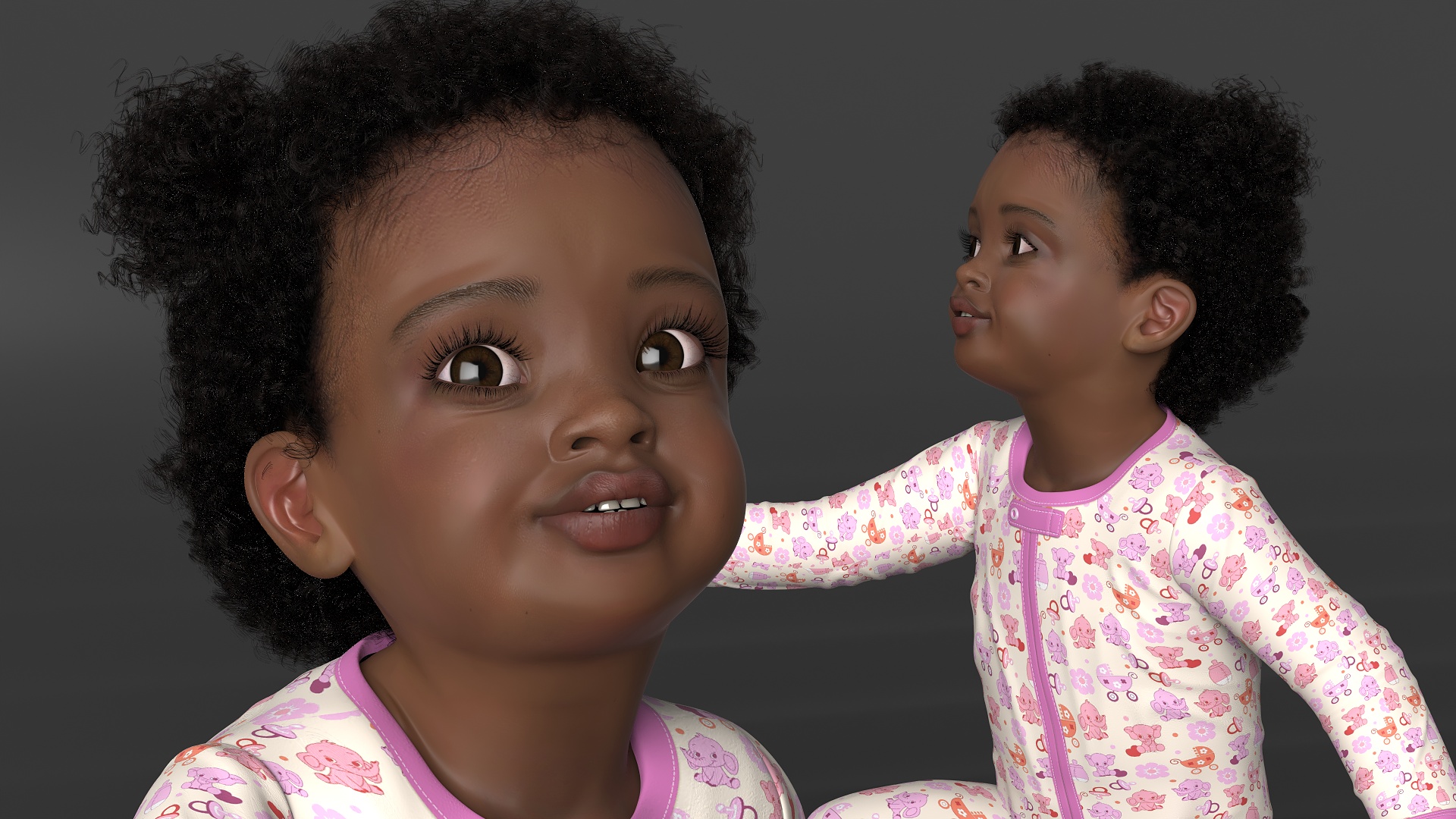 African Baby Girl Light Skin in Full Bodysuit Sitting Fur 3D