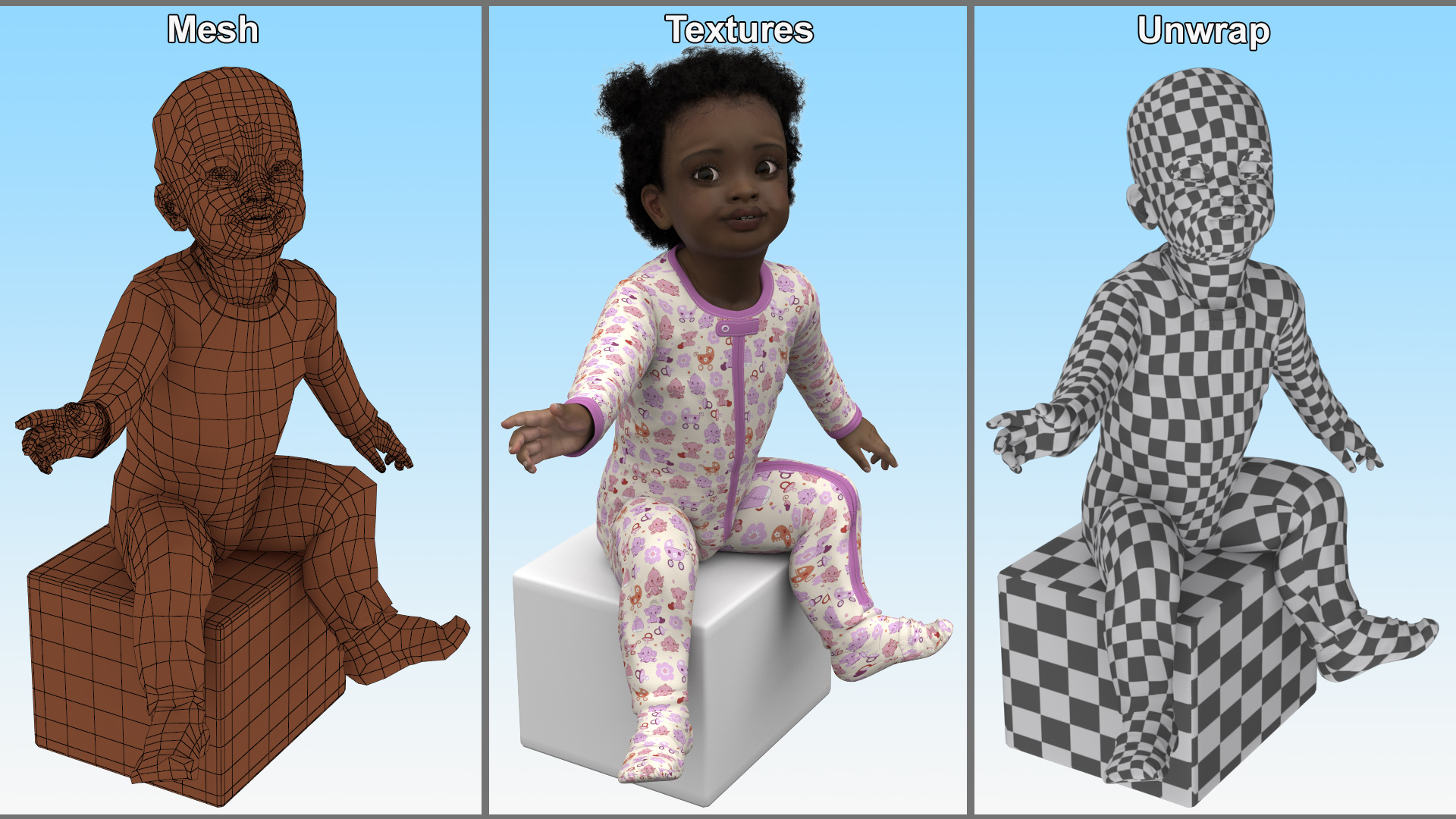 African Baby Girl Light Skin in Full Bodysuit Sitting Fur 3D