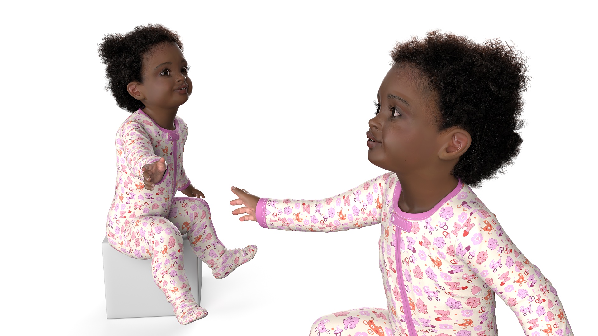 African Baby Girl Light Skin in Full Bodysuit Sitting Fur 3D
