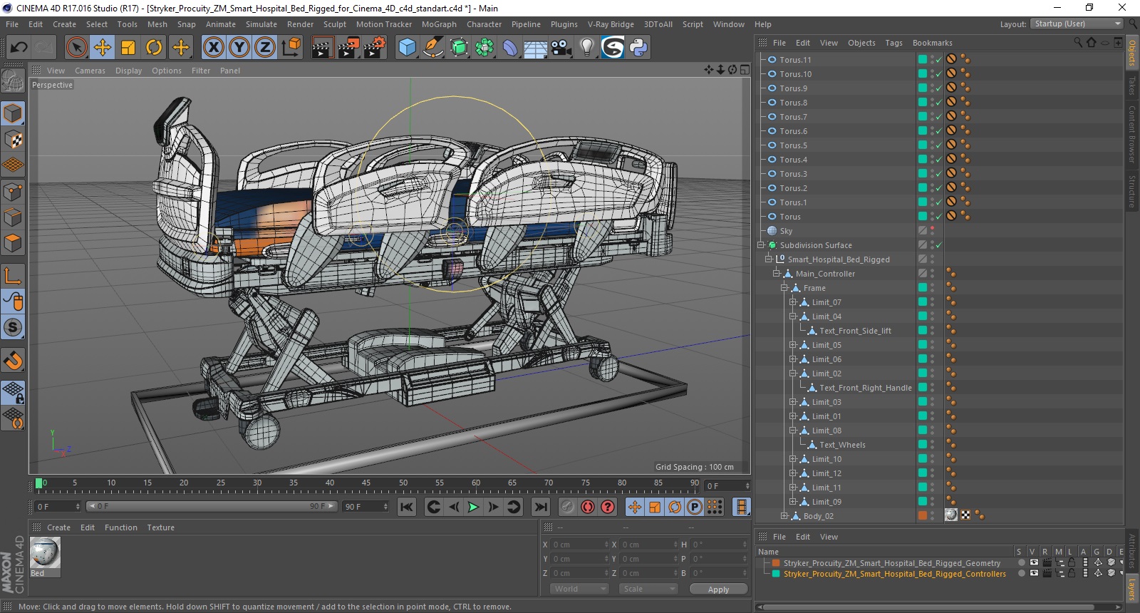 Stryker Procuity ZM Smart Hospital Bed Rigged for Cinema 4D 3D model