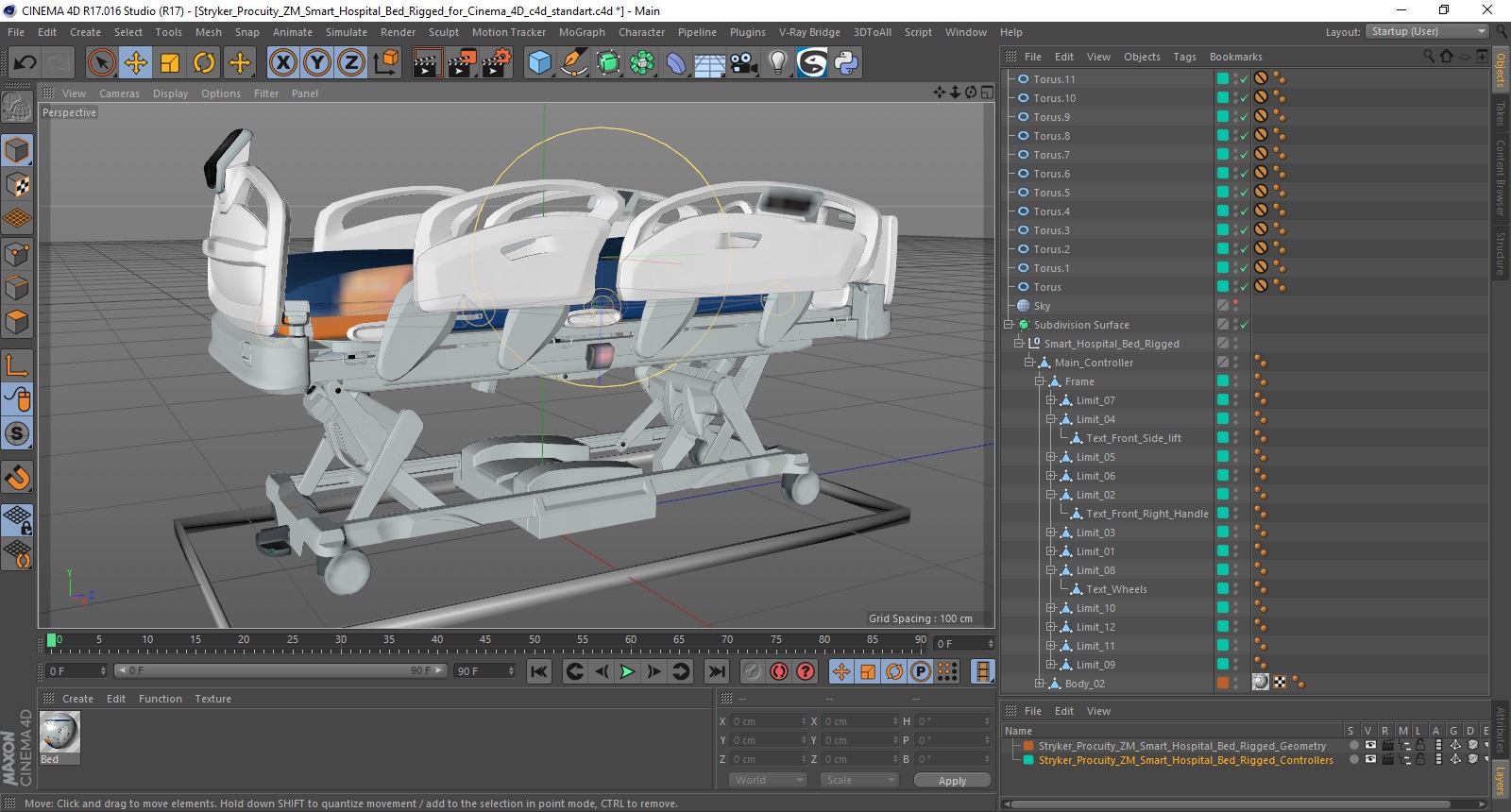 Stryker Procuity ZM Smart Hospital Bed Rigged for Cinema 4D 3D model