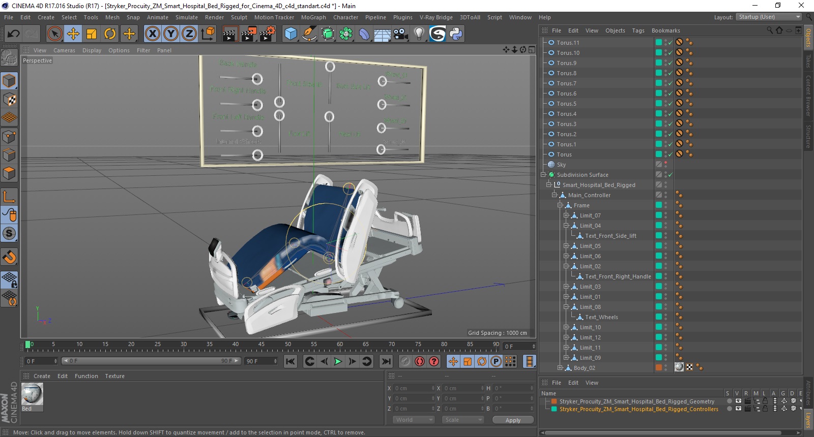 Stryker Procuity ZM Smart Hospital Bed Rigged for Cinema 4D 3D model