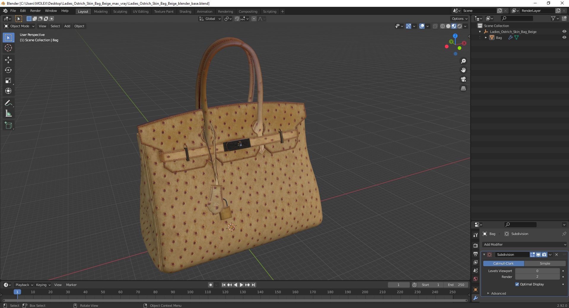 Ladies Ostrich Skin Bag Beige 3D model
