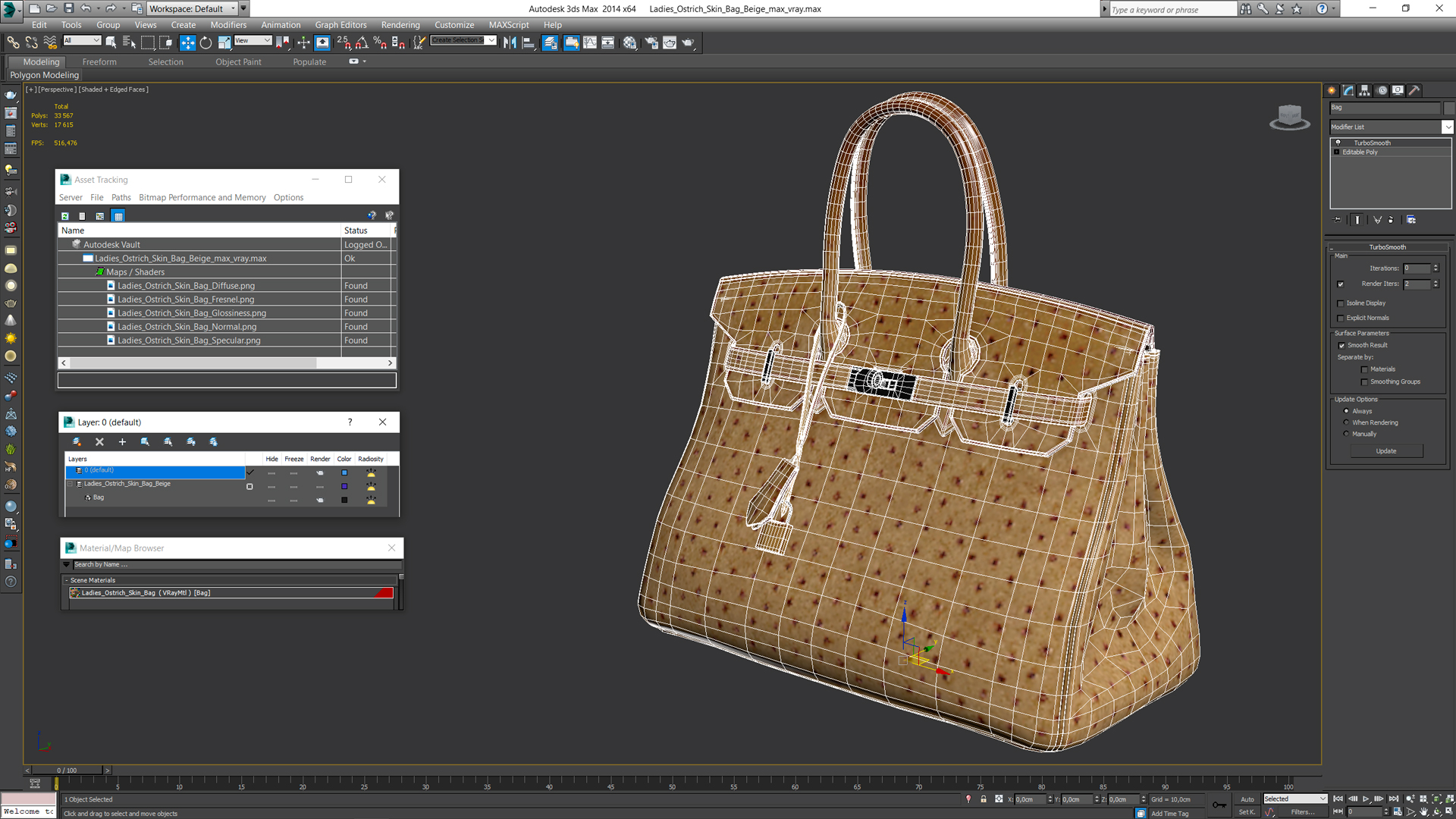 Ladies Ostrich Skin Bag Beige 3D model