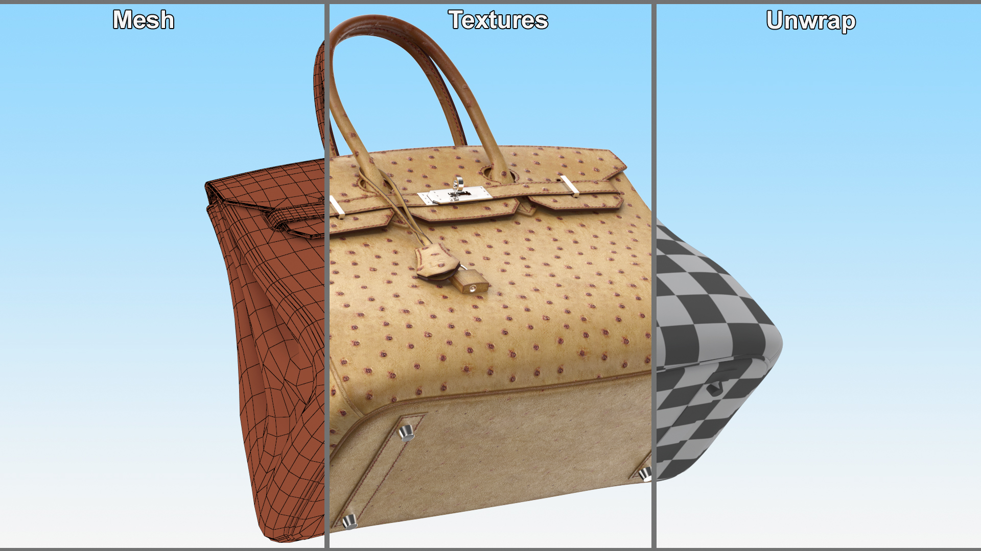Ladies Ostrich Skin Bag Beige 3D model