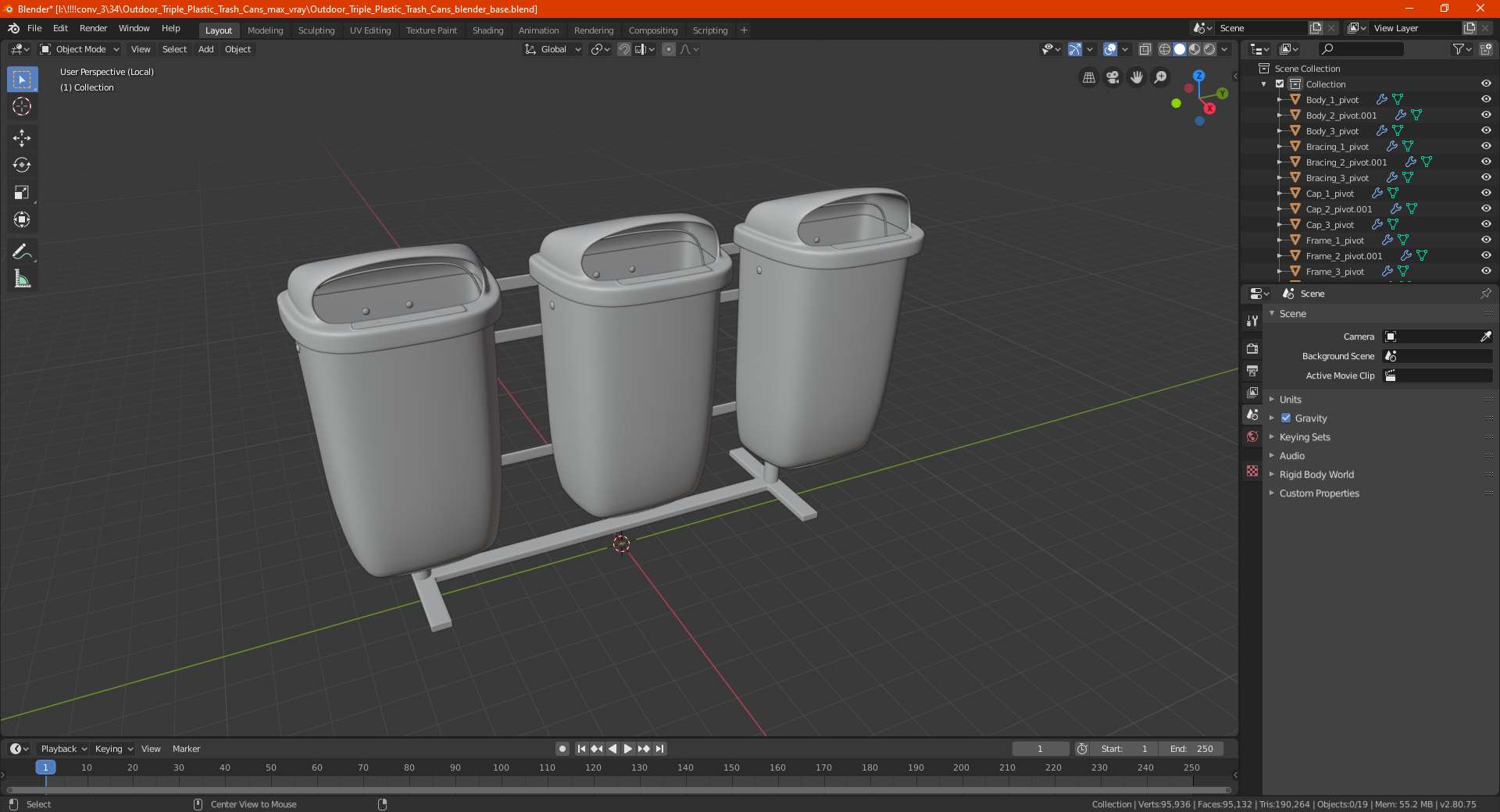 3D Outdoor Triple Plastic Trash Cans model