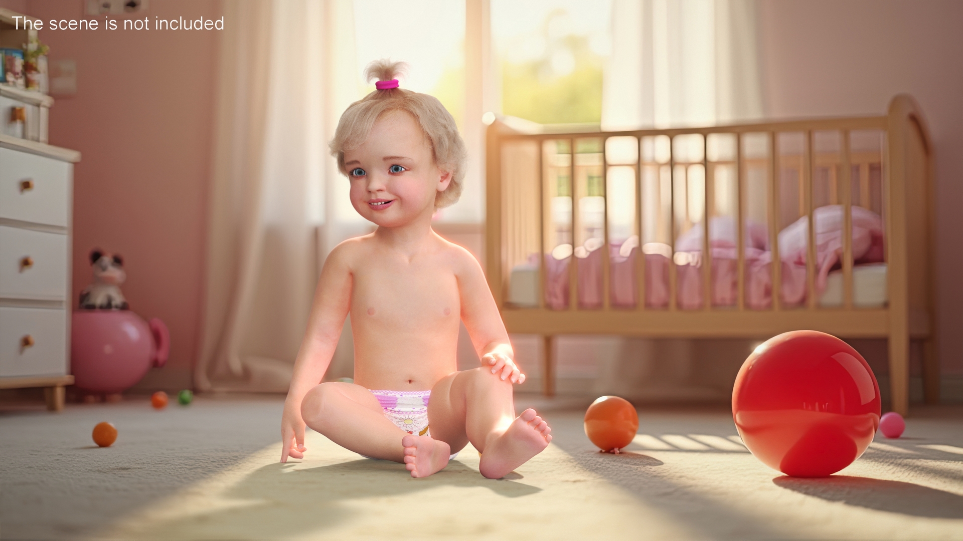 3D Baby Girl Wearing Diaper Sitting Fur