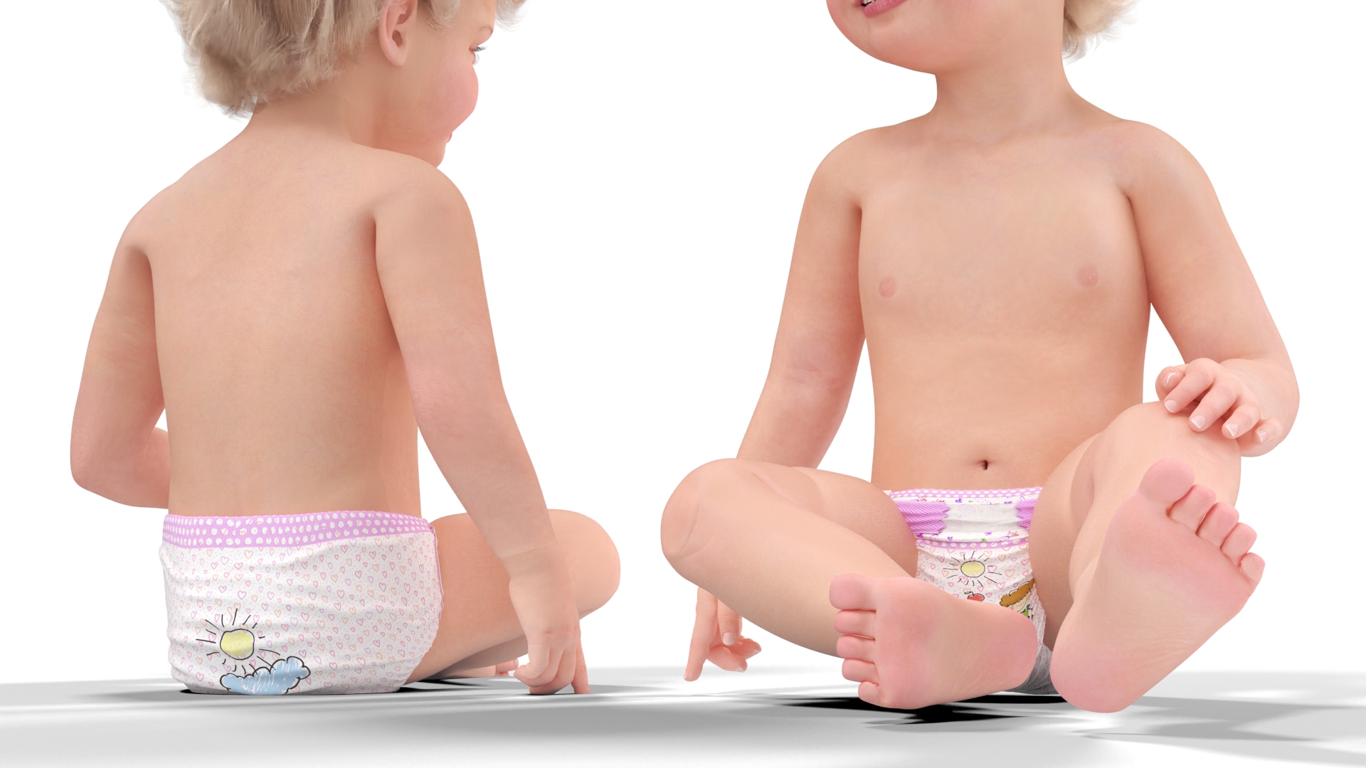 3D Baby Girl Wearing Diaper Sitting Fur