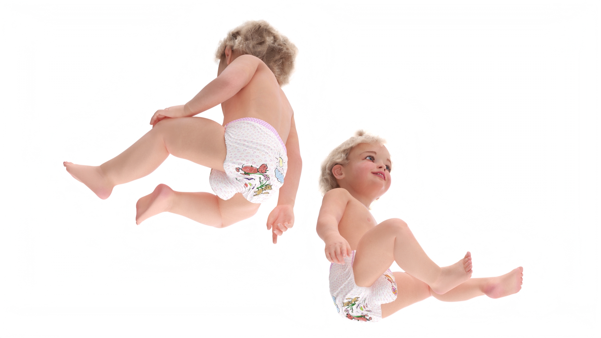 3D Baby Girl Wearing Diaper Sitting Fur
