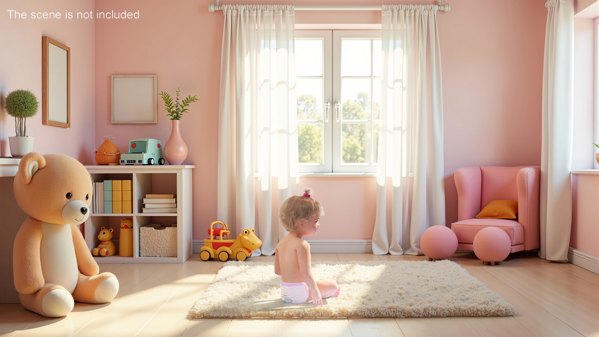 3D Baby Girl Wearing Diaper Sitting Fur