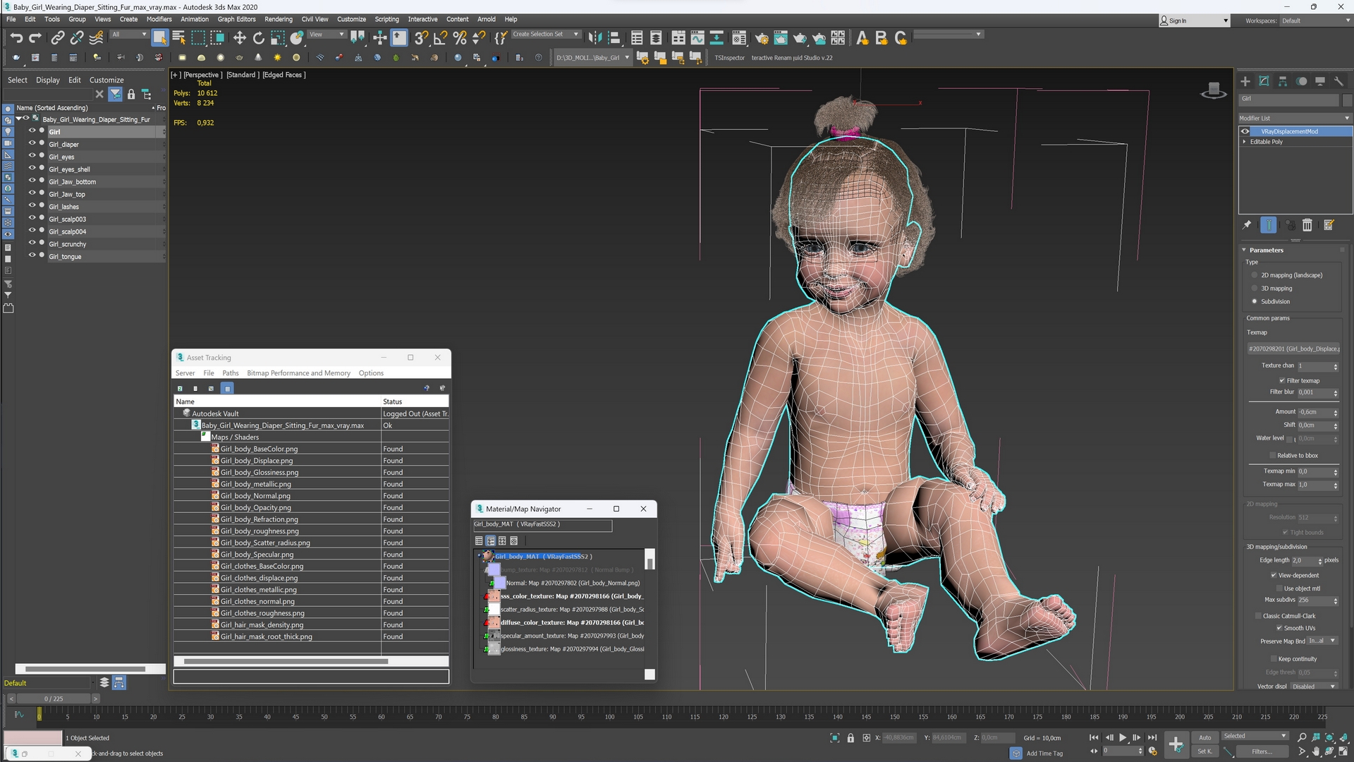3D Baby Girl Wearing Diaper Sitting Fur