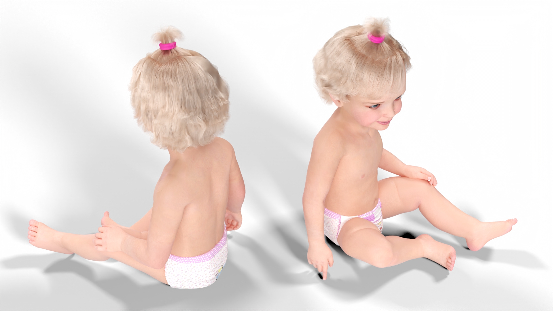 3D Baby Girl Wearing Diaper Sitting Fur