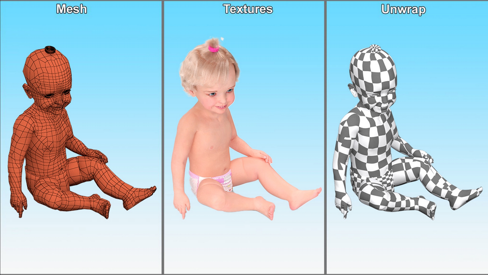 3D Baby Girl Wearing Diaper Sitting Fur