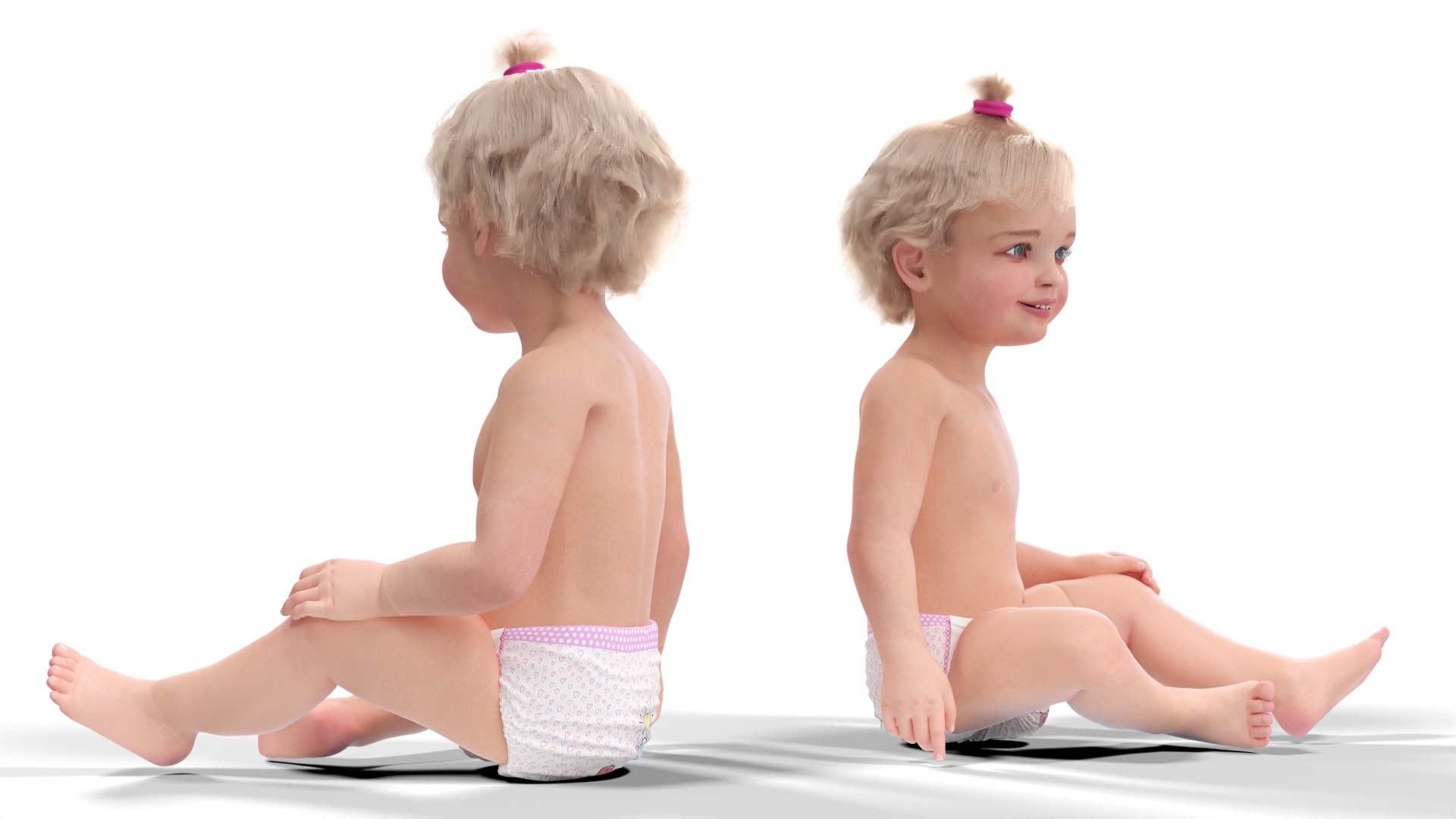 3D Baby Girl Wearing Diaper Sitting Fur