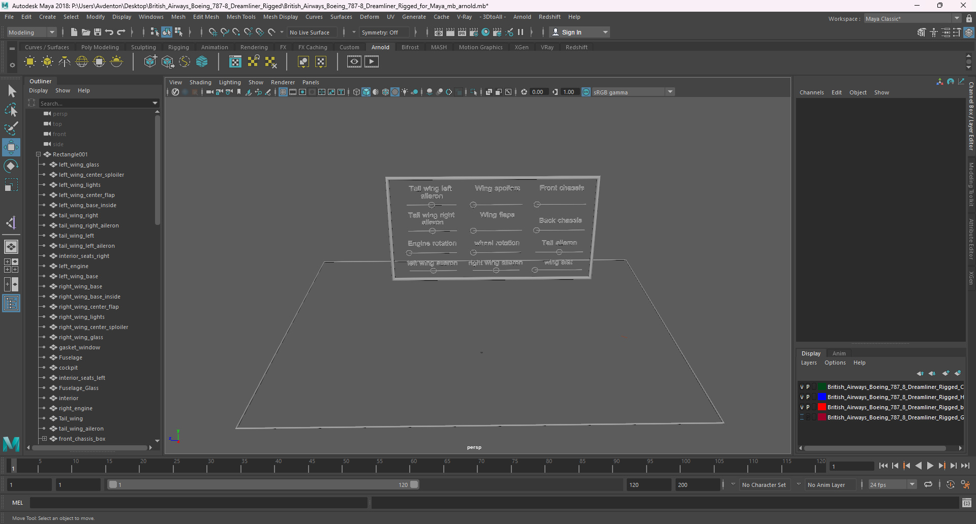 3D model British Airways Boeing 787-8 Dreamliner Rigged for Maya