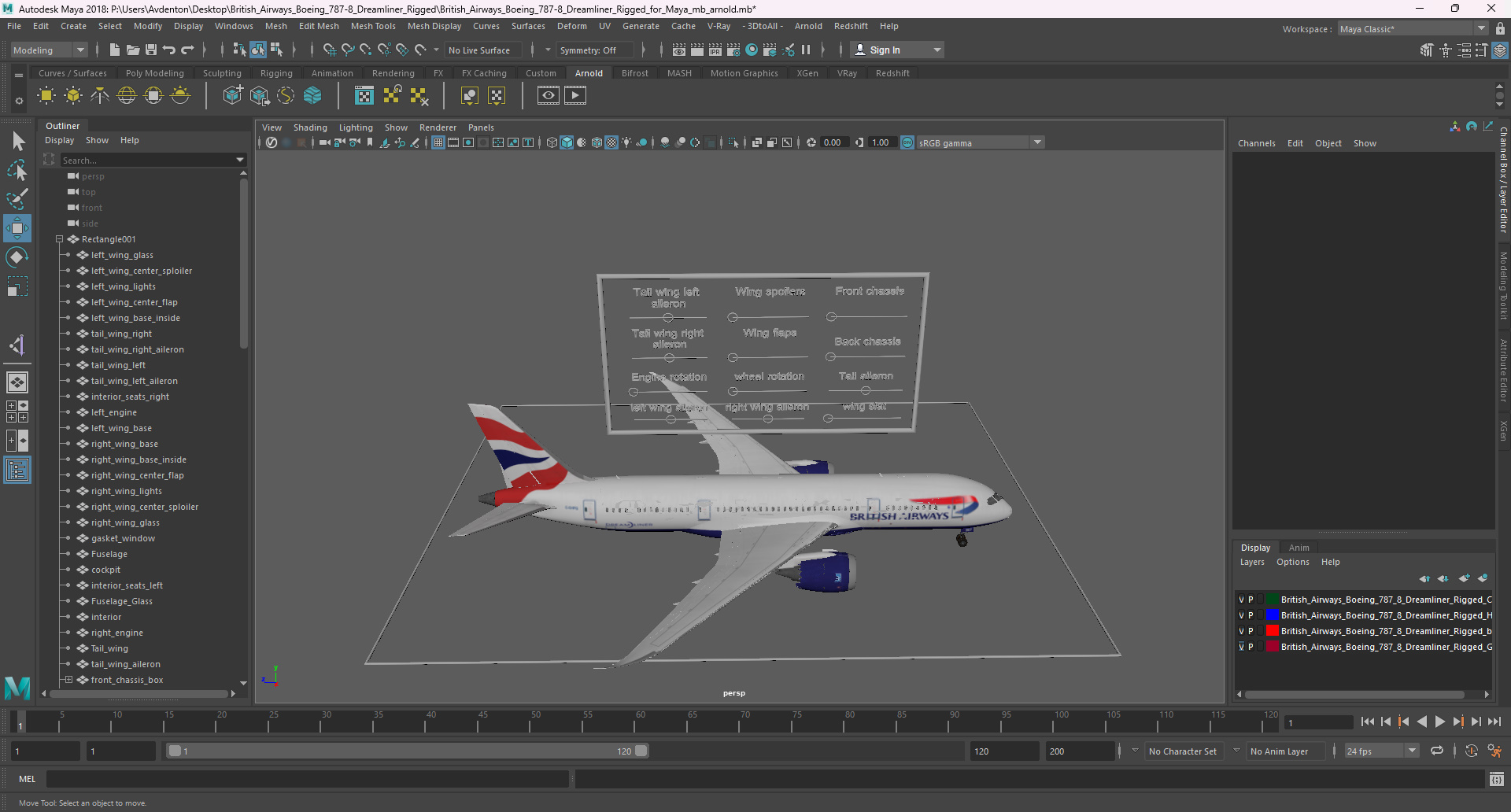 3D model British Airways Boeing 787-8 Dreamliner Rigged for Maya