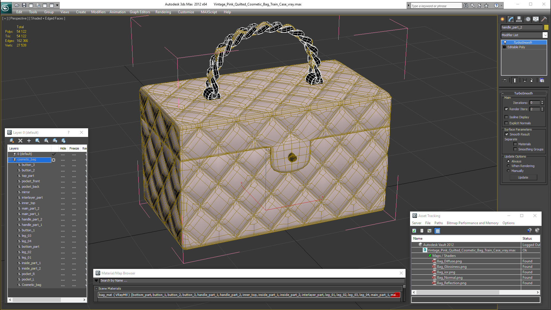 Vintage Pink Quilted Cosmetic Bag Train Case 3D model