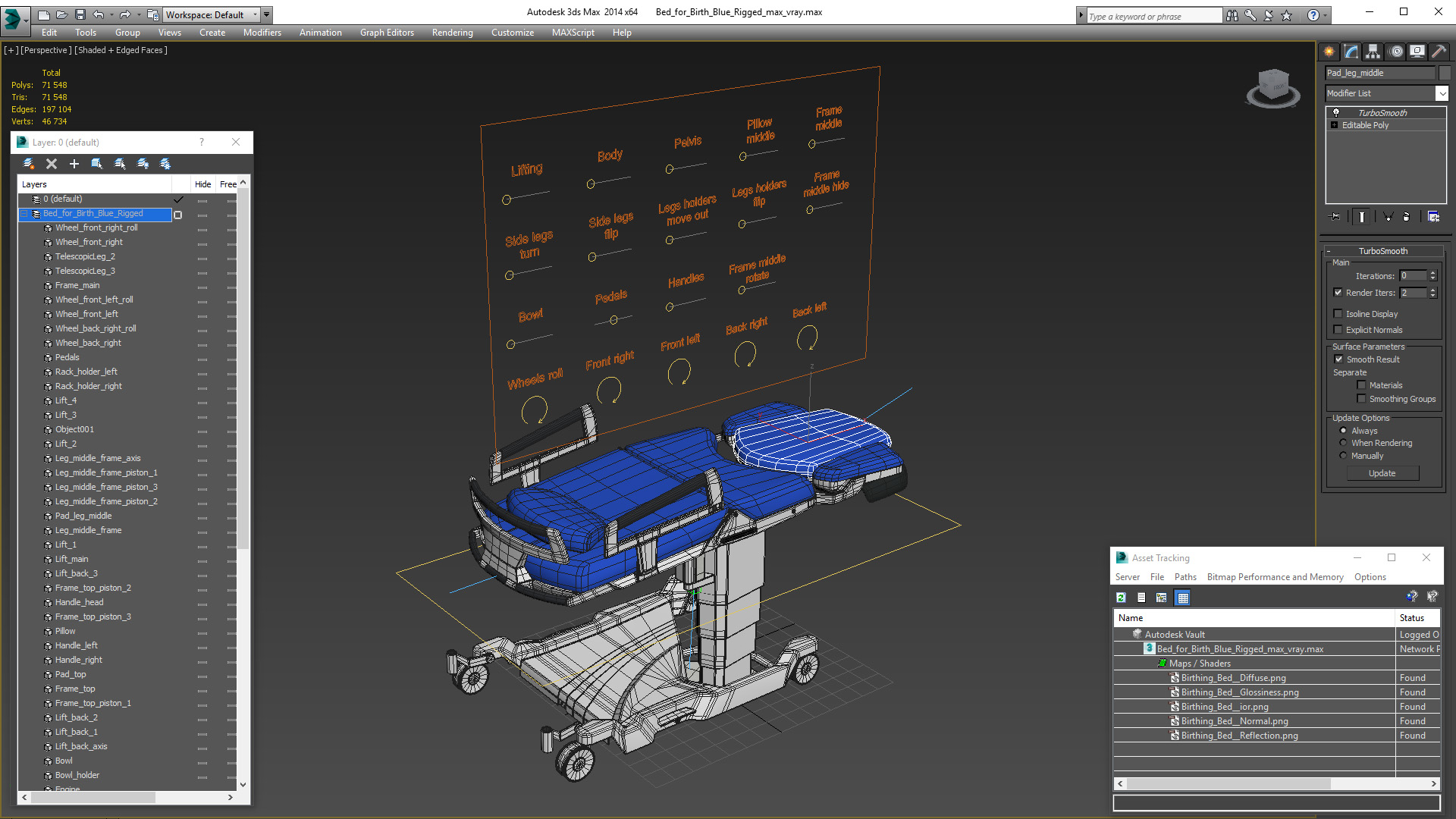 3D model Bed for Birth Blue Rigged
