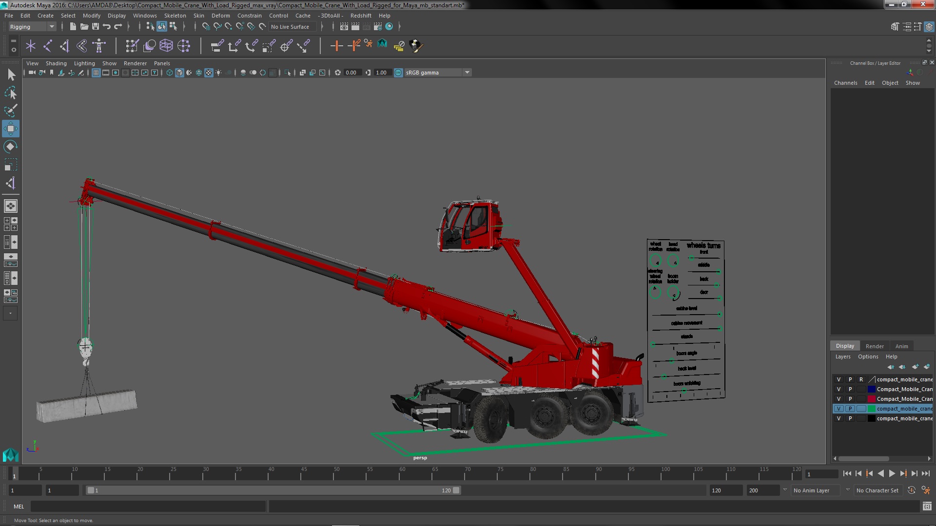 3D Compact Mobile Crane With Load Rigged for Maya