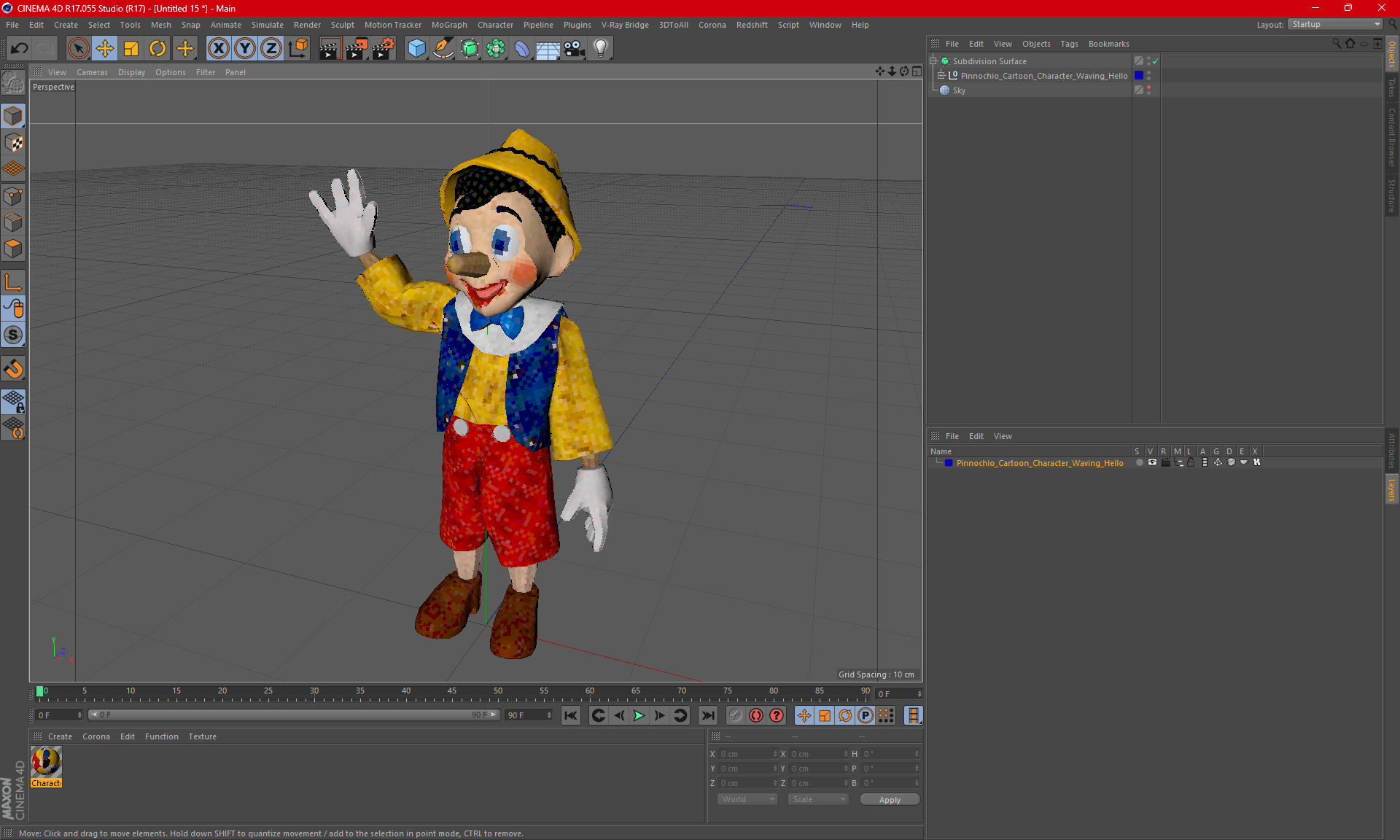 3D model Pinnochio Cartoon Character Waving Hello