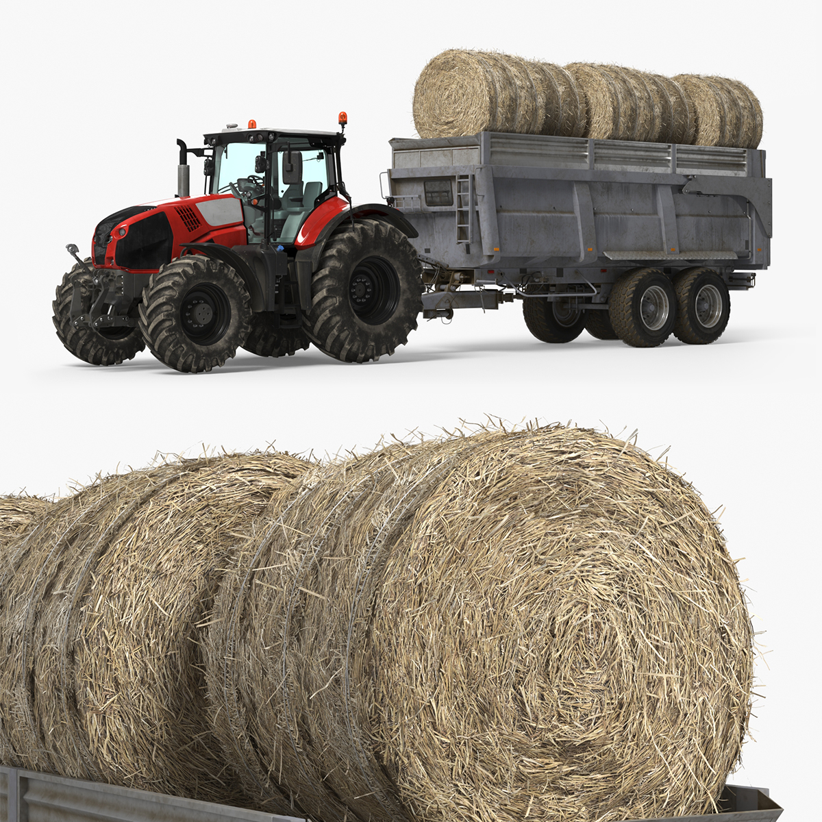 Farm Tractor with Hay Bales in Trailer Red 3D model preview