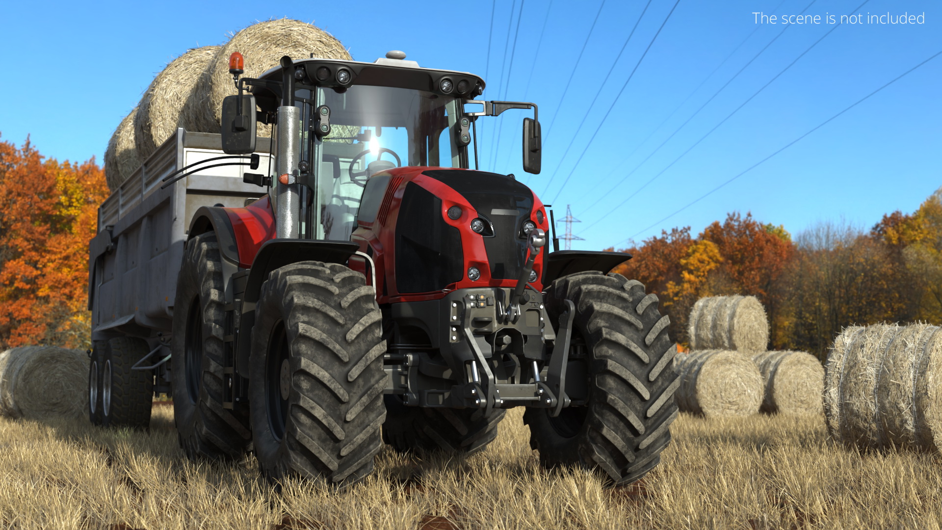 Farm Tractor with Hay Bales in Trailer Red - view 3