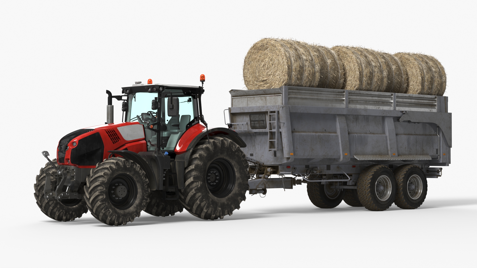 Farm Tractor with Hay Bales in Trailer Red - view 2