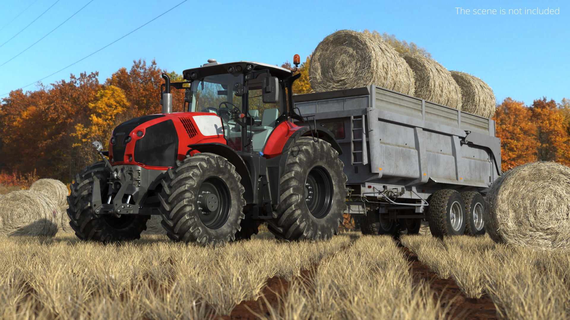 Farm Tractor with Hay Bales in Trailer Red - view 4