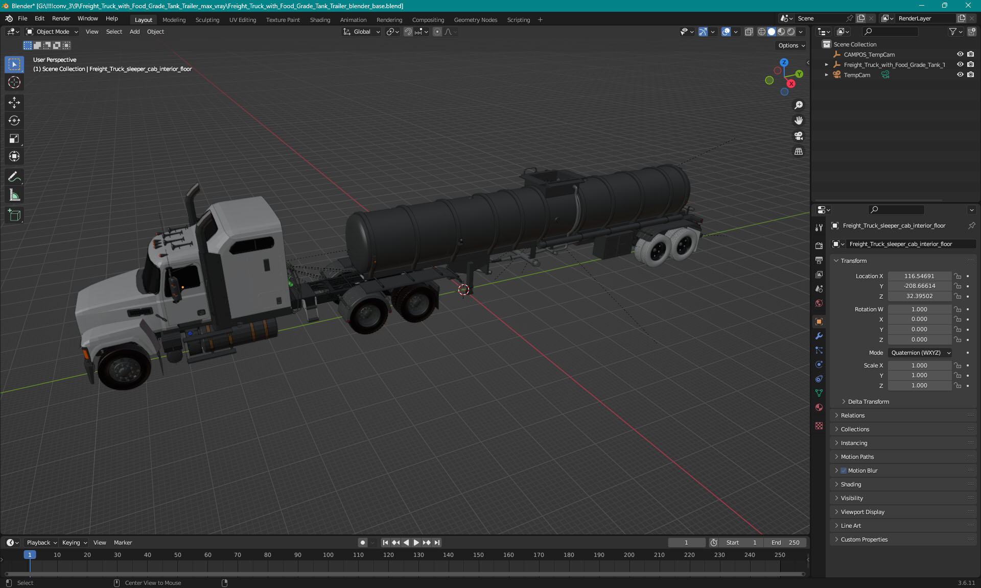 Freight Truck with Food Grade Tank Trailer 3D