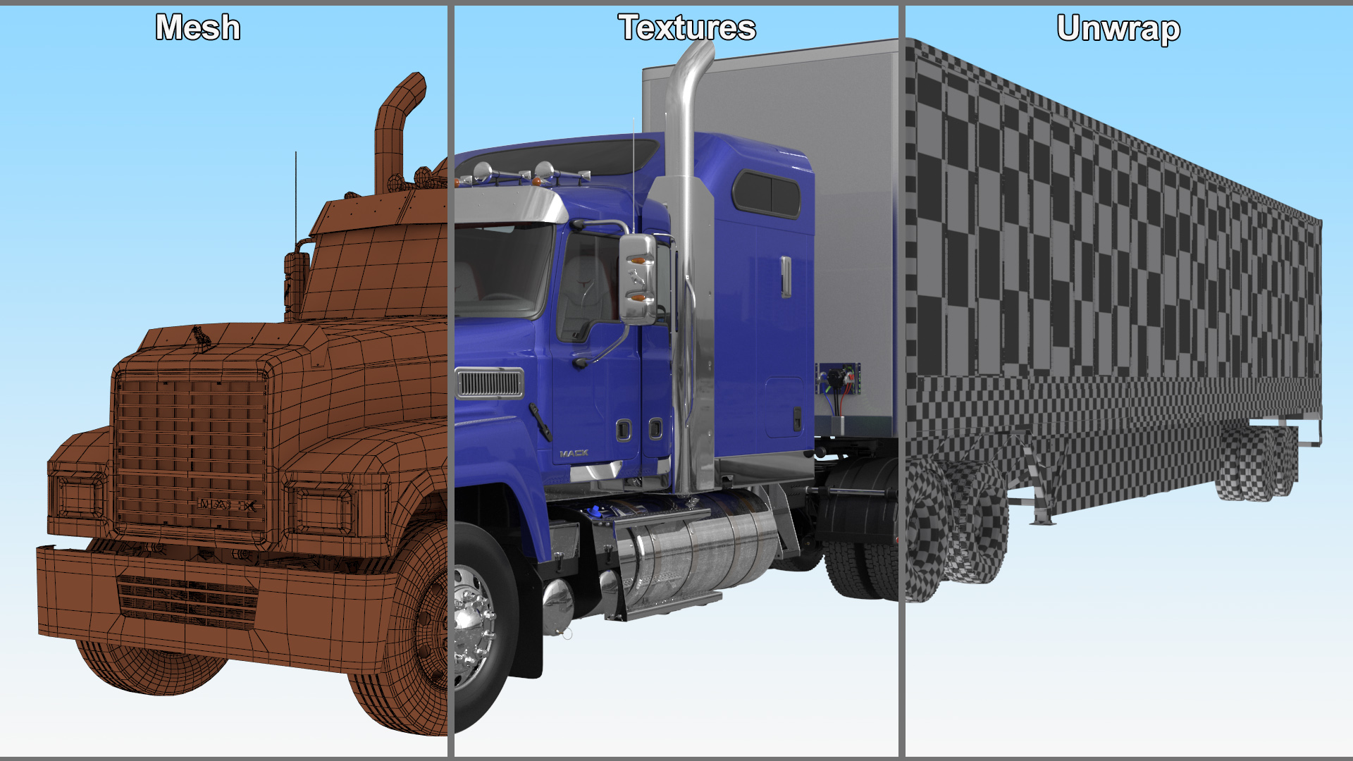 Mack CHU613 Truck with Semi Big Trailer 3D model