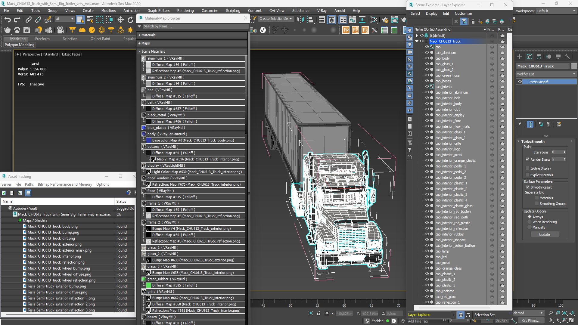 Mack CHU613 Truck with Semi Big Trailer 3D model