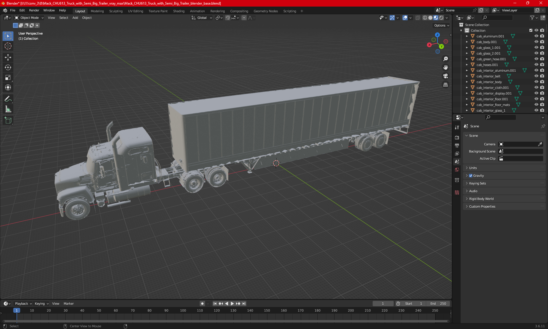 Mack CHU613 Truck with Semi Big Trailer 3D model
